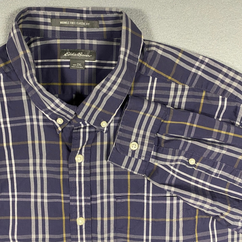 Eddie Bauer Button Down Men 2XL Blue Plaid Wrinkle Free Classic Fit Long Sleeve